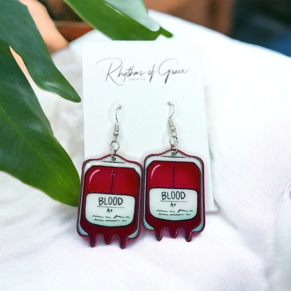 Blood Bag Dangle Earrings - Quirky & Unique Statement Jewelry for Medical Staff - Picture 9 of 9